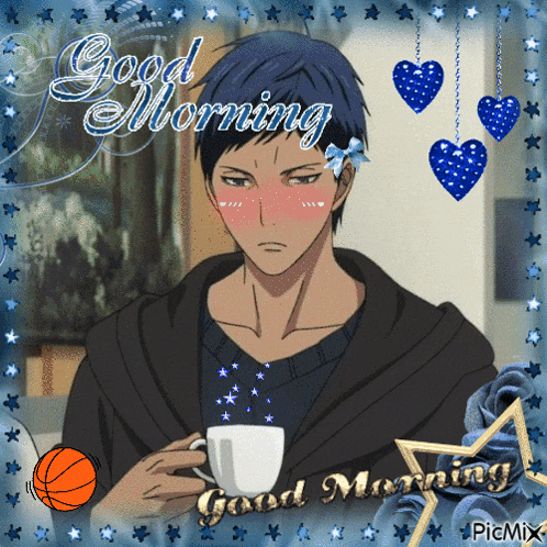 a picture of a man holding a cup of coffee with the words good morning written on it