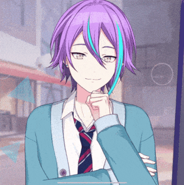 a boy with purple hair and blue streaks is wearing a blue sweater and tie