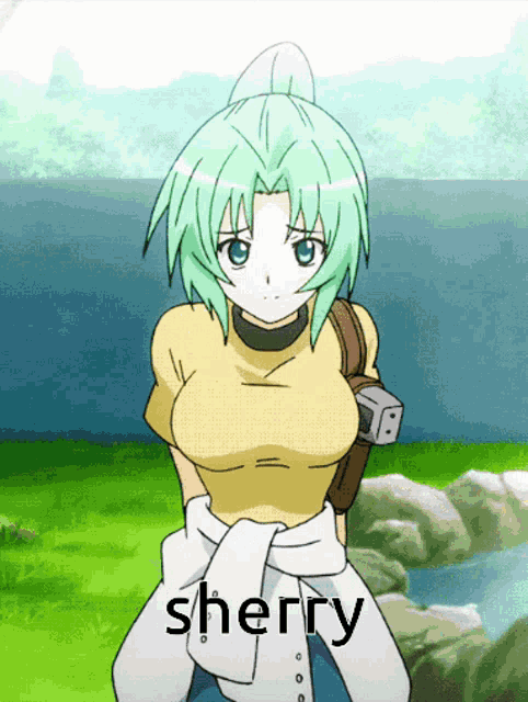 a picture of a girl with green hair and the word sherry on the bottom
