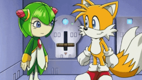 a cartoon character named cosmo and tails are standing next to each other and smiling