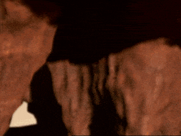 a close up of a woman 's face in a cave with a blurred background .