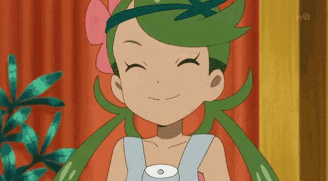 a cartoon girl with green hair and a pink bow is smiling