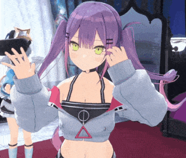 a girl with purple hair and green eyes is wearing a sweater with a triangle on it