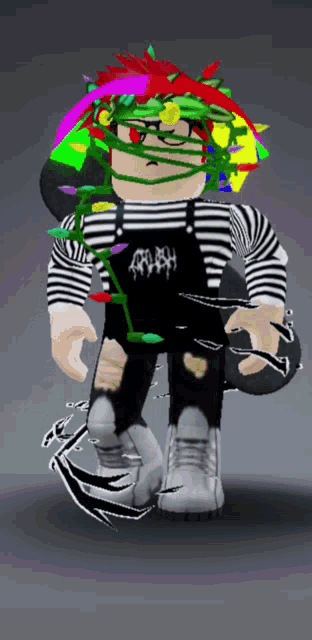 a cartoon character with a striped shirt and overalls has a bunch of flowers coming out of his head