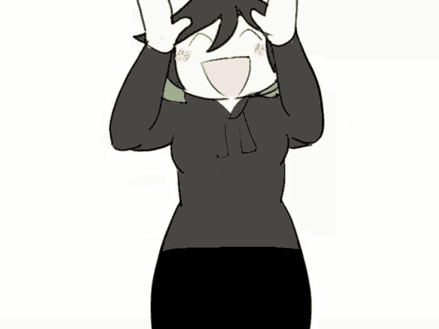 a cartoon drawing of a person with their arms up