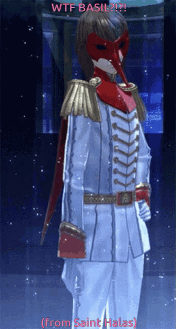 a video game character with a red mask and the words wtf basil