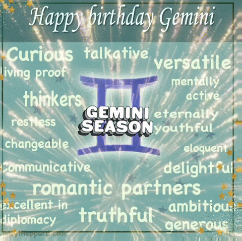 a happy birthday card for gemini season with a picture of the zodiac sign