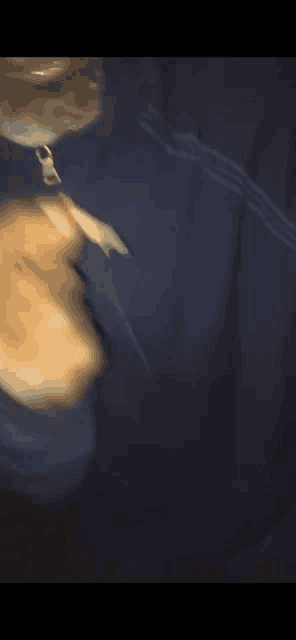 a blurry picture of a person wearing a blue jacket with a zipper