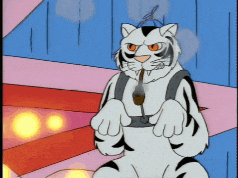 a cartoon of a white tiger with orange eyes smoking a pipe