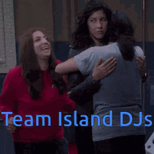 a group of women hugging each other with the words team island dj written in blue