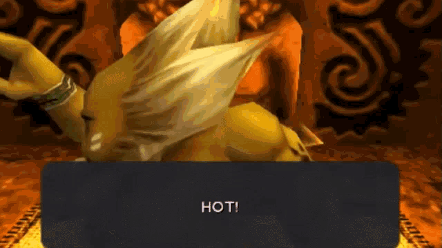 a video game screen shows a fox saying " hot "