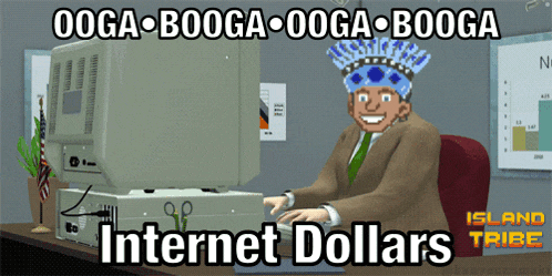 a cartoon of a man sitting in front of a computer with the words " internet dollars " above him