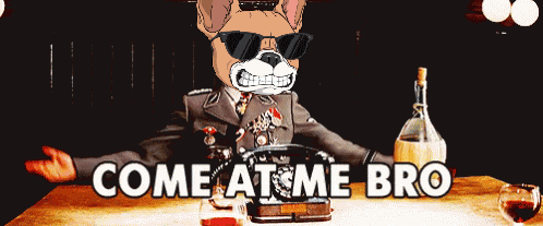 a dog in a military uniform is sitting at a table with the words come at me bro written below him