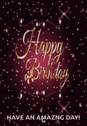 a happy birthday card with a purple background and gold text