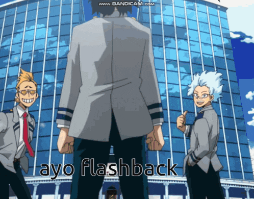 a group of anime characters are standing in front of a building with the words ayo flashback written on the bottom