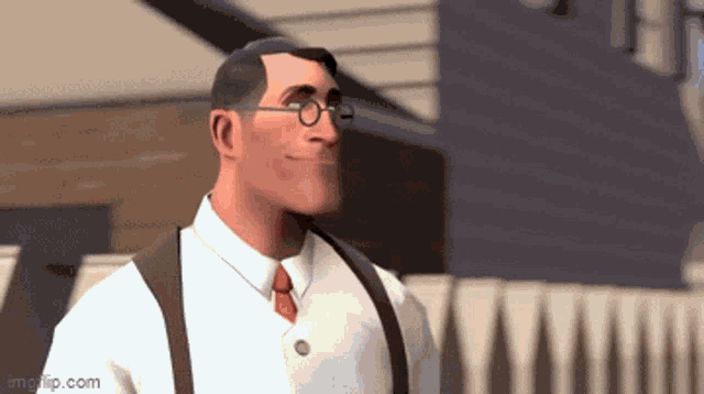 a cartoon man wearing glasses and suspenders is smiling .