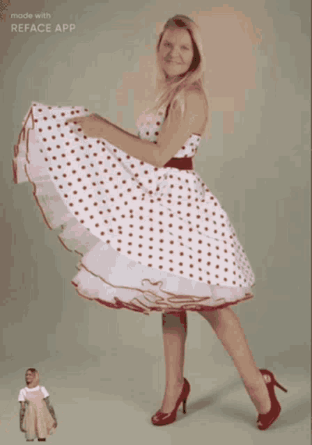 a woman in a red and white polka dot dress is made with reface app