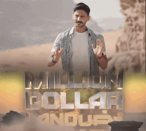 a man stands in front of a poster that says million dollar landupi