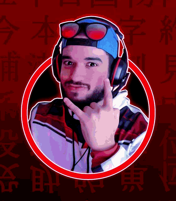a man wearing headphones and sunglasses is giving a middle finger