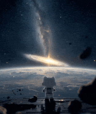 a cat in space looking at the earth and a galaxy