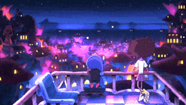 a couple of cartoon characters standing on a balcony overlooking a city