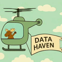 a moose is flying in a green helicopter with a banner that says data haven