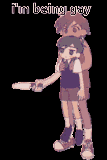 a pixel art of a boy holding another boy in his arms with the words i 'm being gay above them