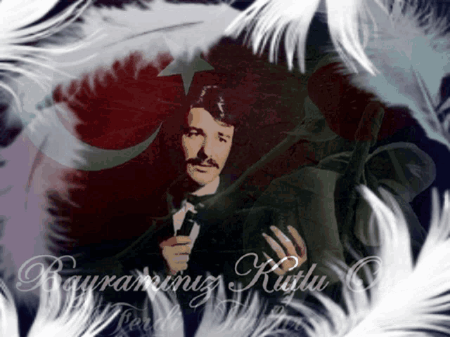 a man in a tuxedo is holding a microphone with the words bayraminiz kutlu in the background