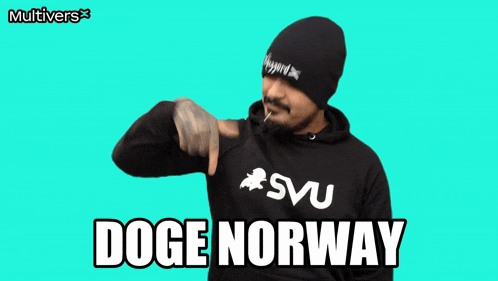 a man wearing a hoodie that says doge norway on the front