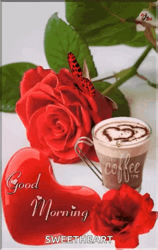 a cup of coffee , roses and a heart with a butterfly on it .