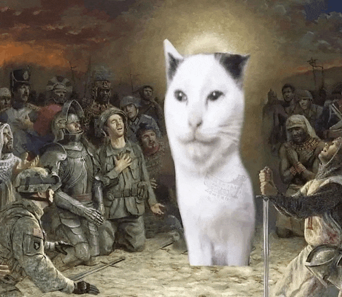 a painting of a cat standing in front of a group of knights