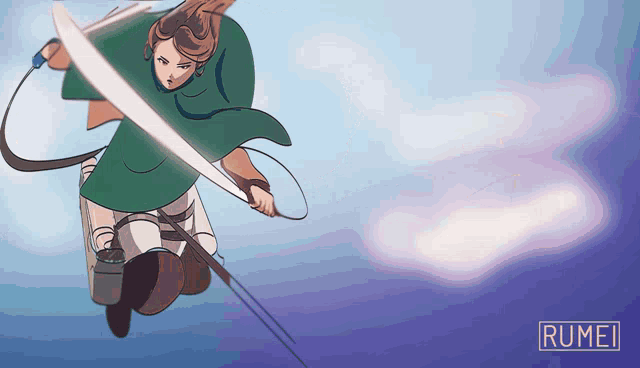 a drawing of a person with a sword and the name rumei on the bottom