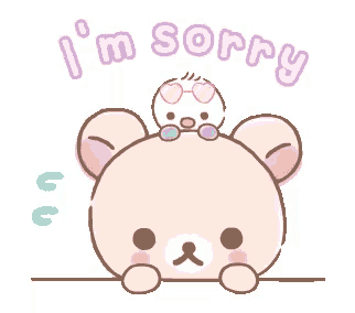 a teddy bear with a penguin on its head and the words i 'm sorry