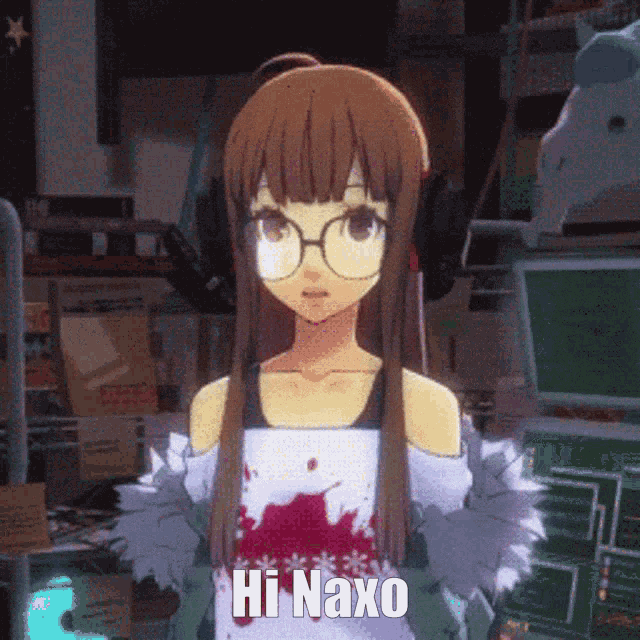 a girl with long hair and glasses says hi naxo in a video game