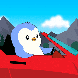 a cartoon penguin is driving a red car