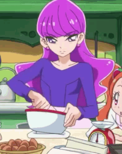 a girl with purple hair is mixing something in a bowl on a scale .