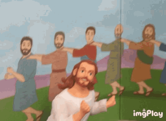 a cartoon of jesus surrounded by other men with the words imgplay below