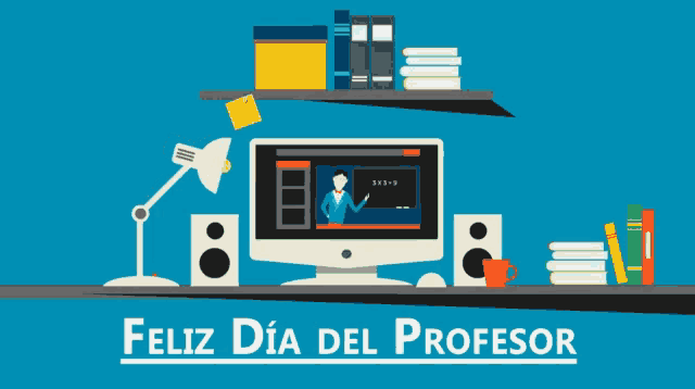 an illustration of a desk with a computer and the words feliz dia del profesor below it