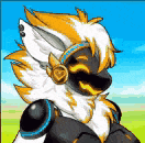 a pixel art of a furry character wearing headphones and a mask .