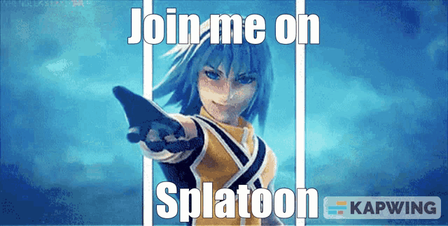a video game character says join me on splatoon on a blue background