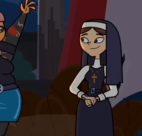 a cartoon of a nun and a woman with a tattoo on her arm