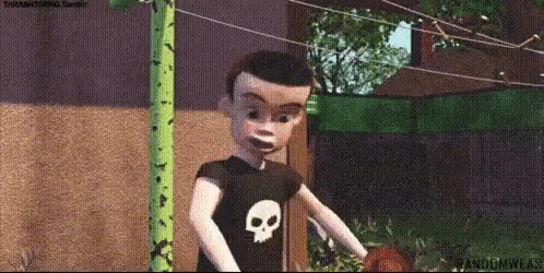 a toy story character with a skull on his shirt is standing in a yard .