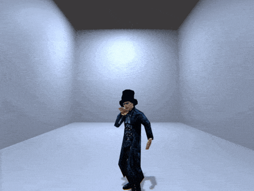 a man in a top hat stands in a white room