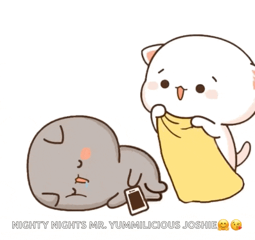 a cartoon cat is holding a cell phone next to another cat
