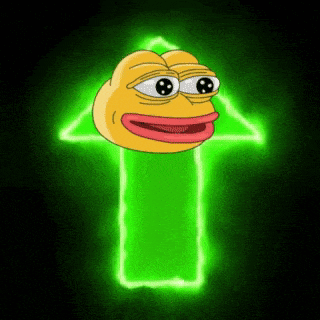 a yellow frog with a red mouth is standing in front of a green arrow pointing up