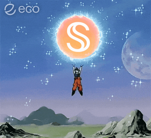 a cartoon character is flying through the air holding a sphere with the letter s inside of it
