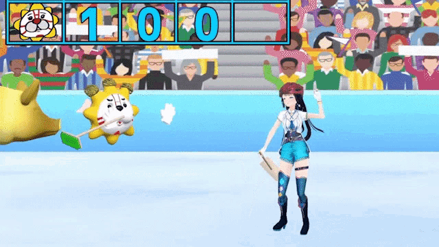 a girl is standing in front of a scoreboard with the number 1 and 0