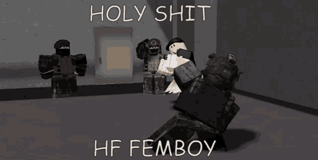 a video game character says holy shit hf femboy in front of two other characters