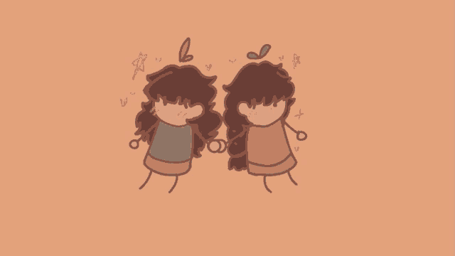 a cartoon drawing of two girls holding hands with hearts around them