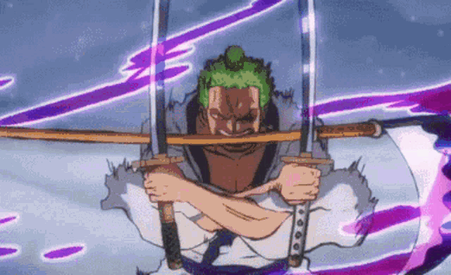 a man is holding two swords in his hands .